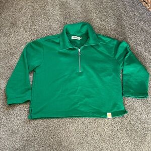 Thinking Mu boxy oversized 1/2 zip with collar. Cropped. Preppy. Sweatshirt. Zip